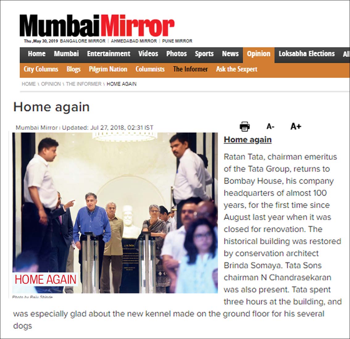 Home again ,Mumbai Mirror - July 2018